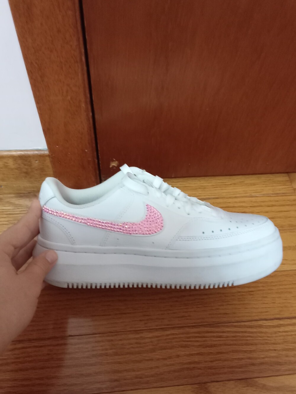 Nike Women’s White Platform Sneakers with Bedazzled Pink Swoosh